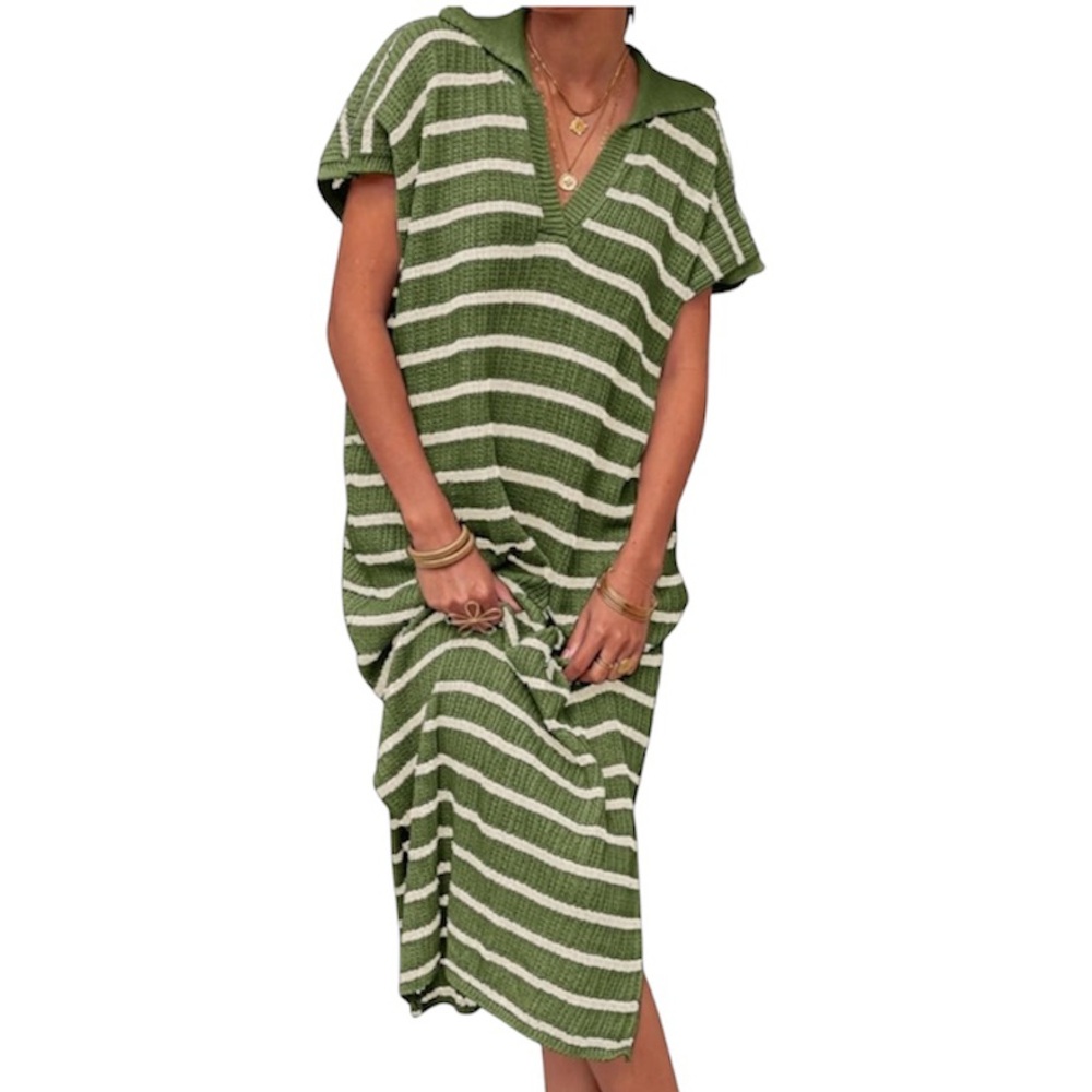 Green and White Womens Striped Knit Dress